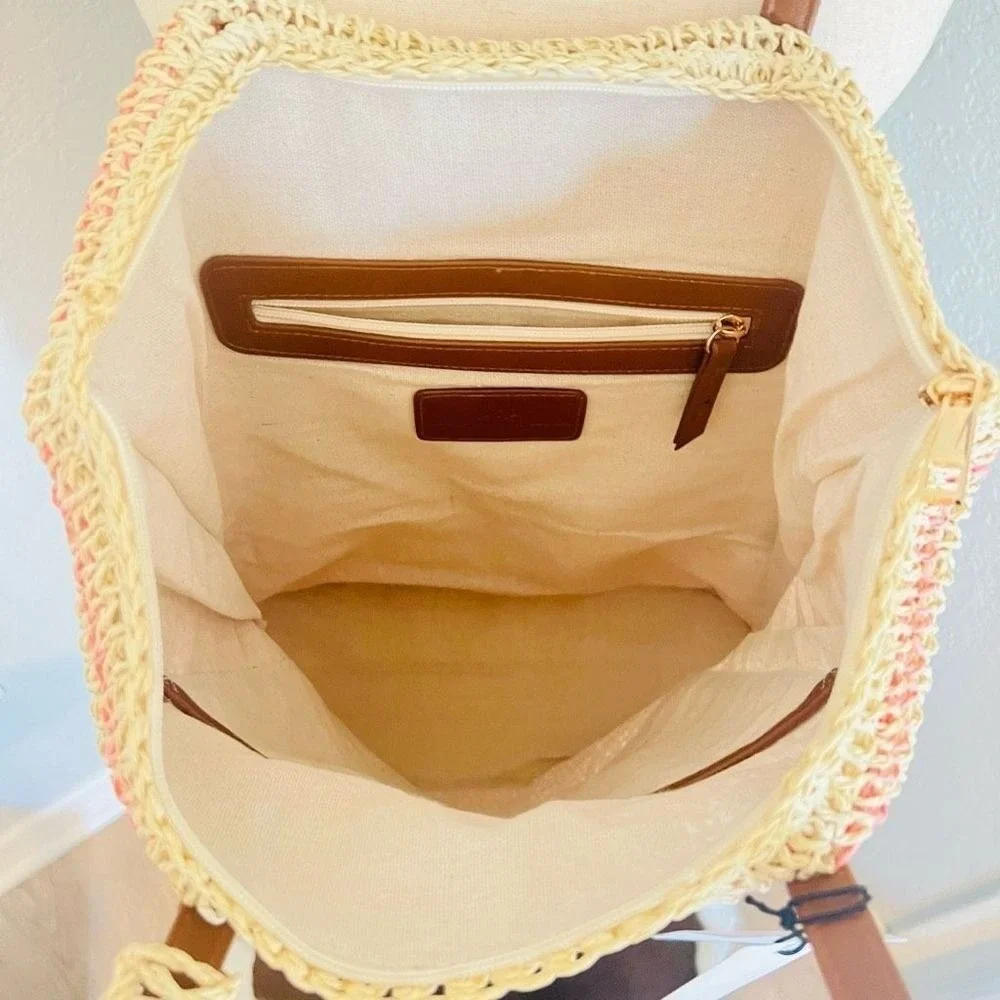 btb Los Angeles Lucy Tote, Straw Woven Pom Pom Vacation Beach‎ Bag, Natural, NWT